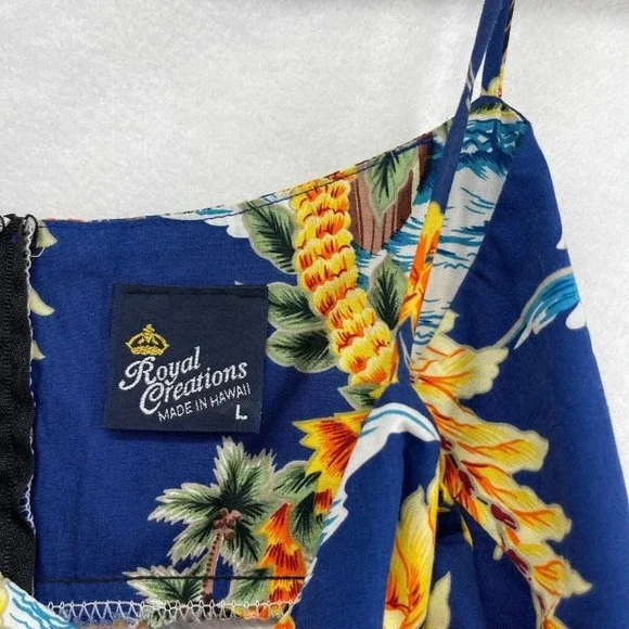 Royal Creations Mini Dress Women's Size L Hawaiian Shift Sleeveless Cotton Blue - Picture 6 of 8